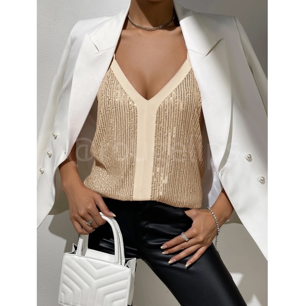 Sequin Detail Champagne Gold Cami Top - Picture 4 of 10